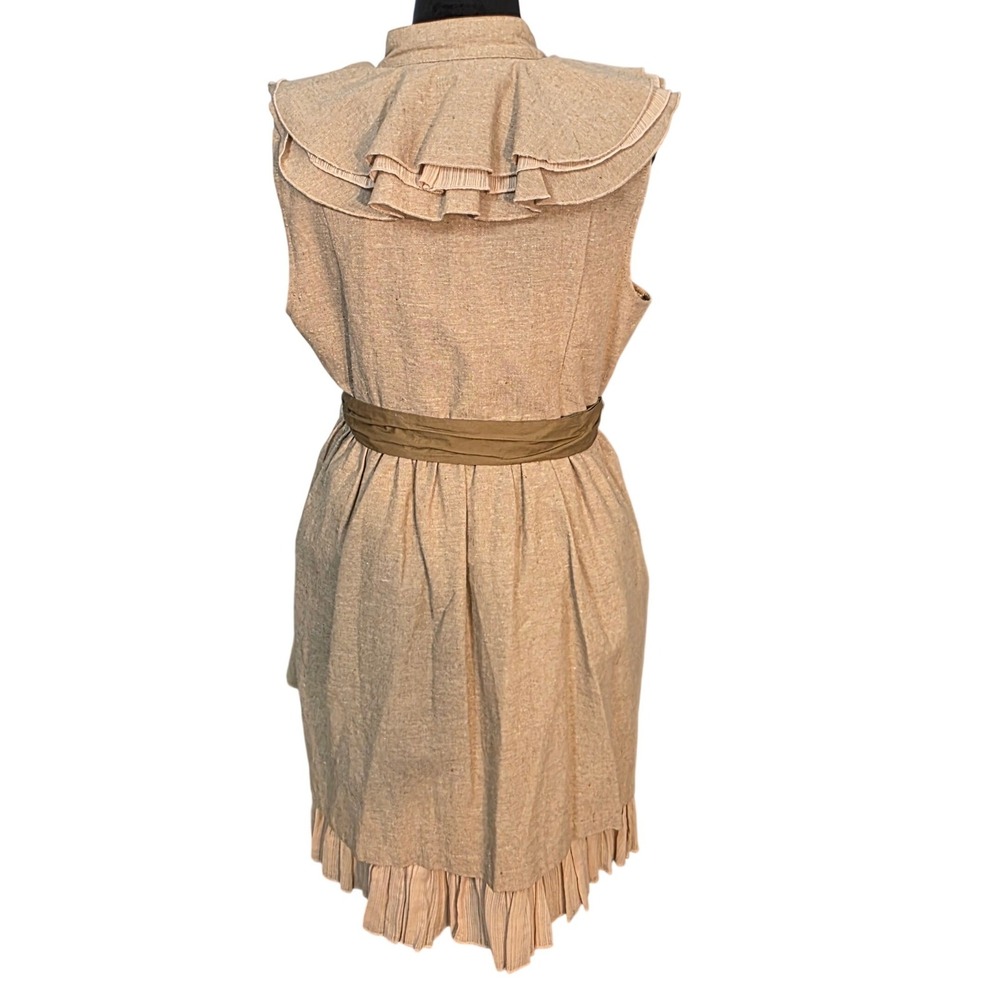 RYU Dress Large Beige Linen Cotton Ruffle Pleated Hem Sash Boho Cottagecore - Picture 2 of 11